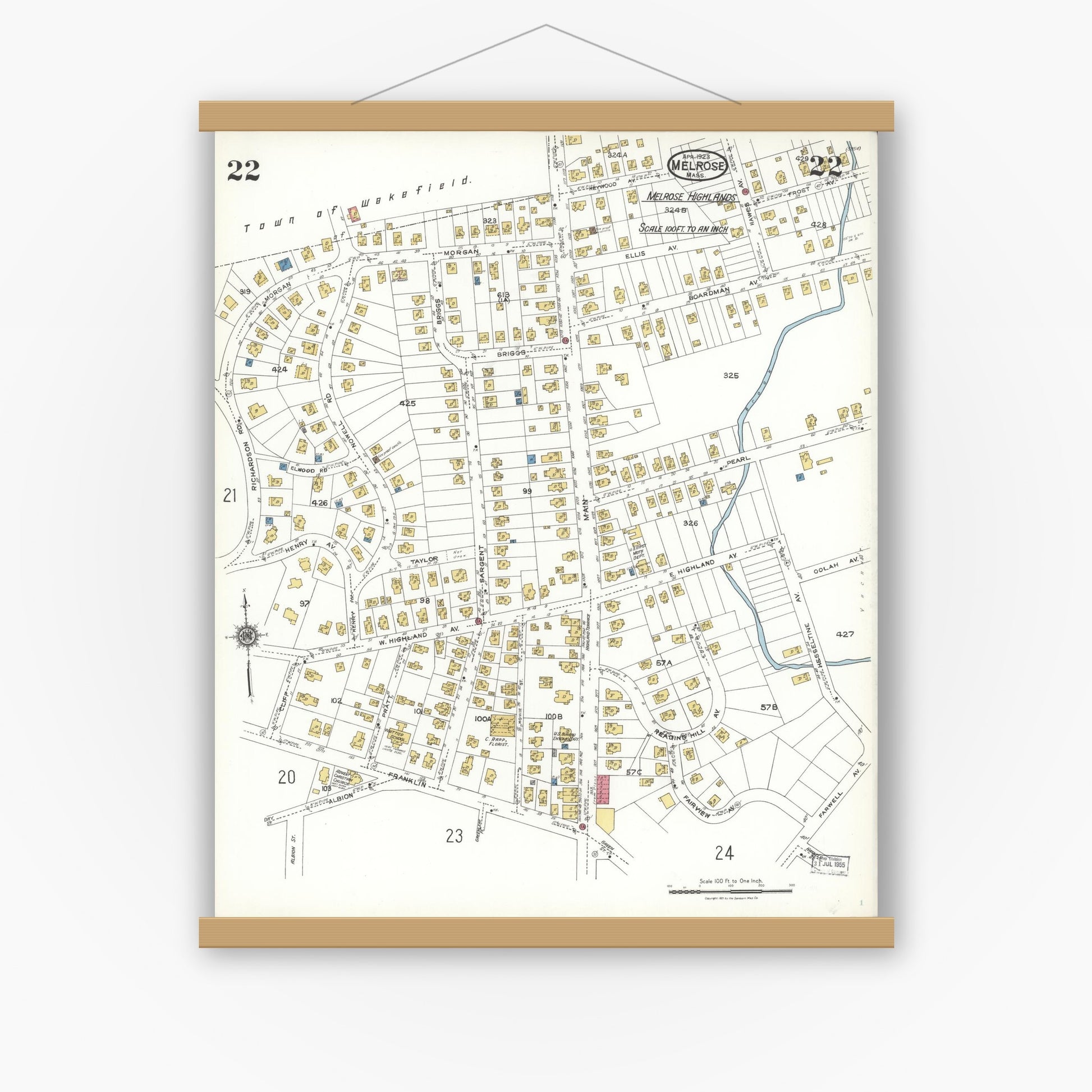 Old map wall art mockup — magnetic wood frame on white wall — Sanborn Fire Insurance Map from Melrose, Middlesex County, Massachusetts (1923), Sheet #0022
