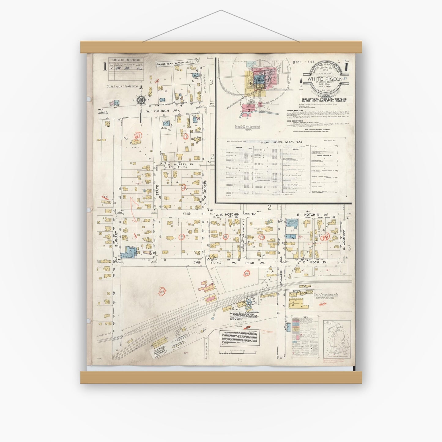 Old map wall art mockup — magnetic wood frame on white wall — Sanborn Fire Insurance Map from White Pigeon, Saint Joseph County, Michigan (1954), Sheet #0001