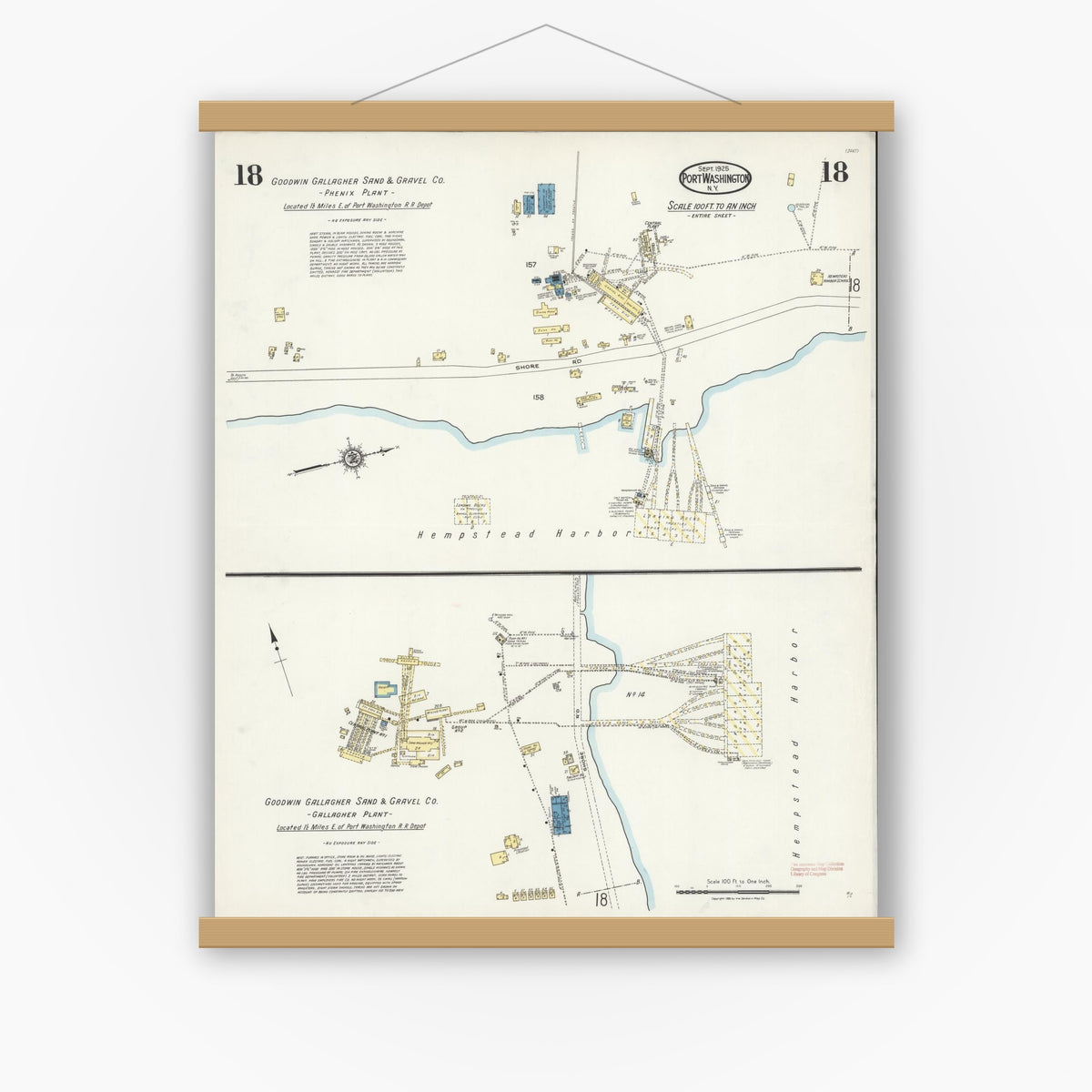 Old map wall art mockup — magnetic wood frame on white wall — Sanborn Fire Insurance Map from Port Washington, Nassau County, New York (1925), Sheet #0018