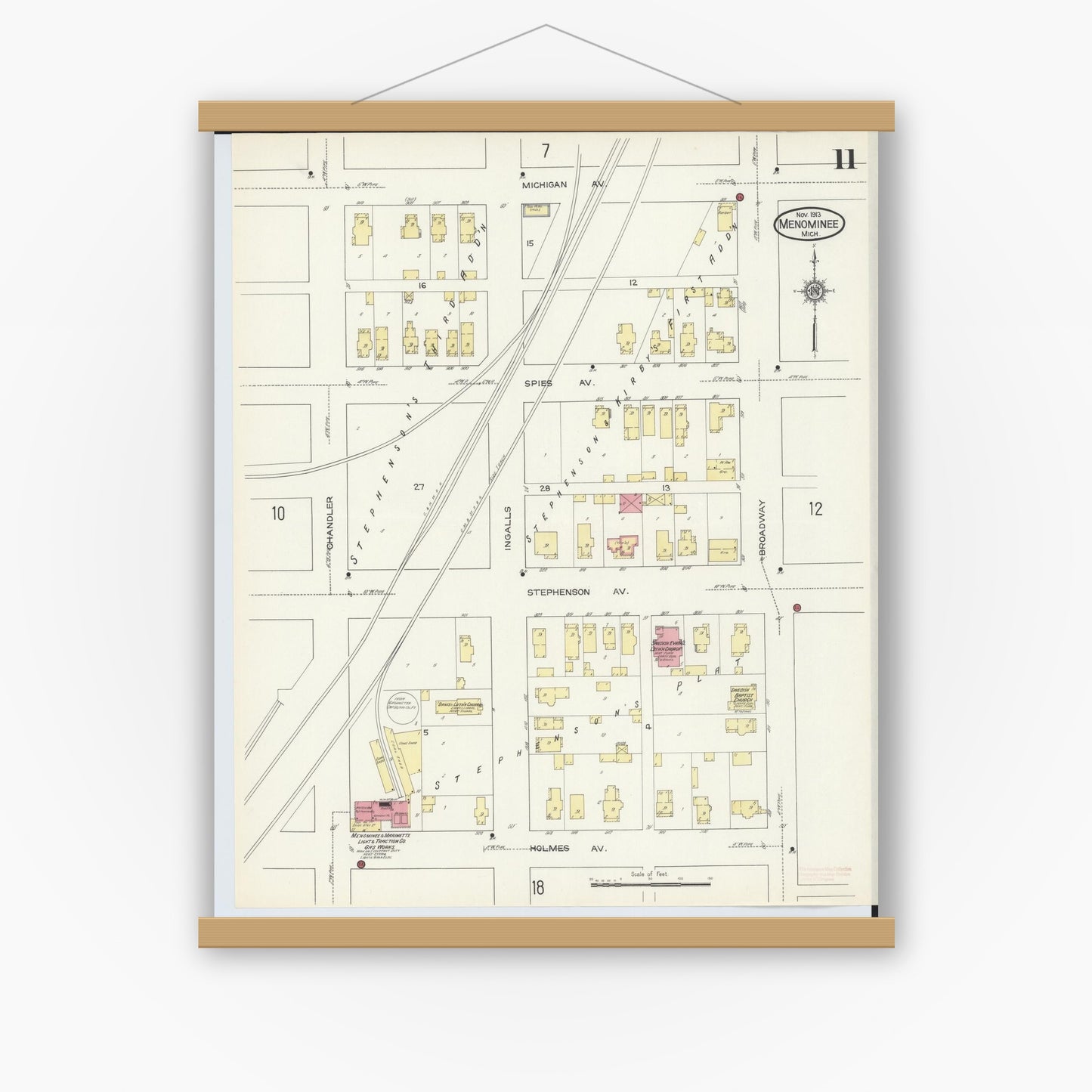 Old map wall art mockup — magnetic wood frame on white wall — Sanborn Fire Insurance Map from Menominee, Menominee County, Michigan (1913), Sheet #0011