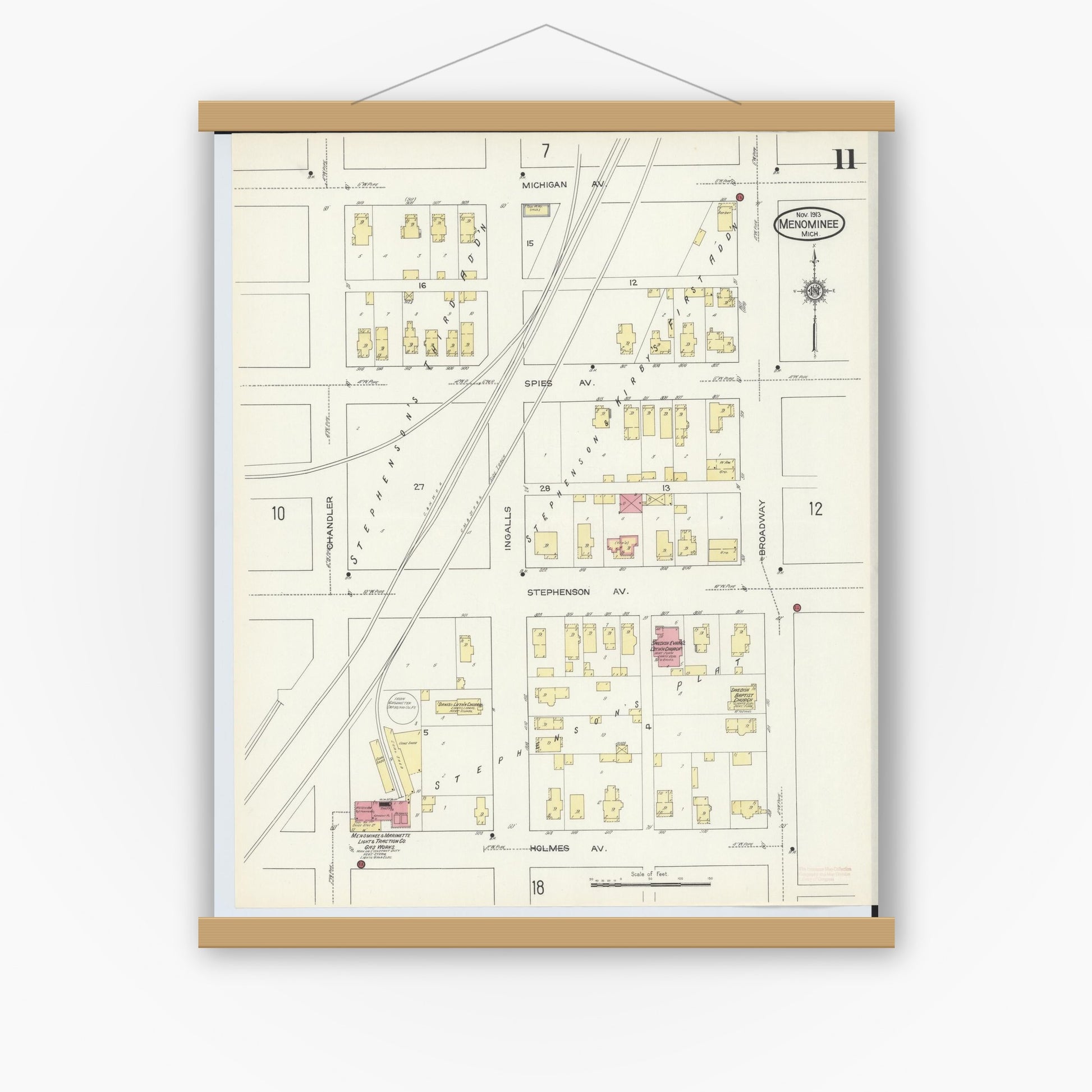 Old map wall art mockup — magnetic wood frame on white wall — Sanborn Fire Insurance Map from Menominee, Menominee County, Michigan (1913), Sheet #0011