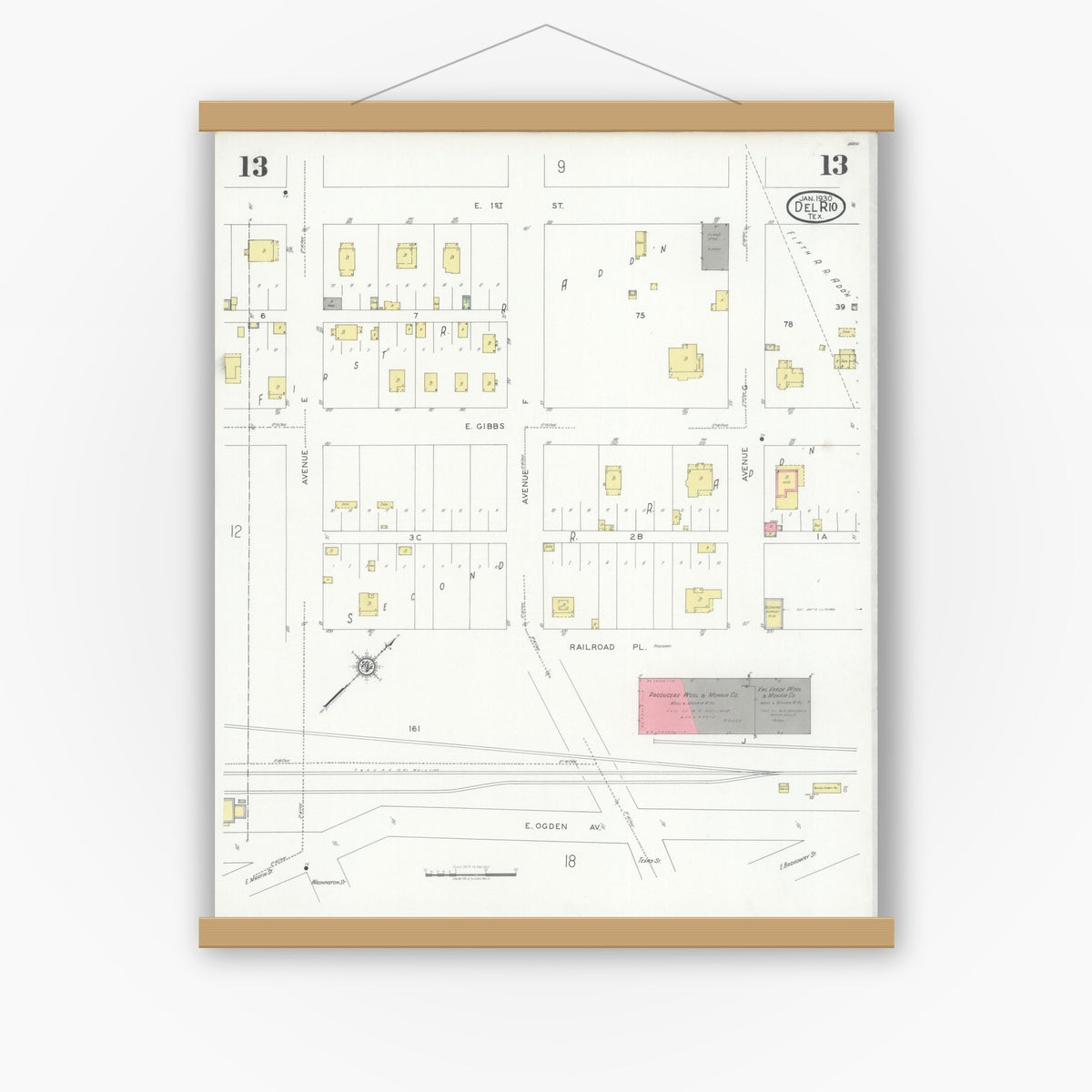 Old map wall art mockup — magnetic wood frame on white wall — Sanborn Fire Insurance Map from Del Rio, Val Verde County, Texas (1930), Sheet #0013