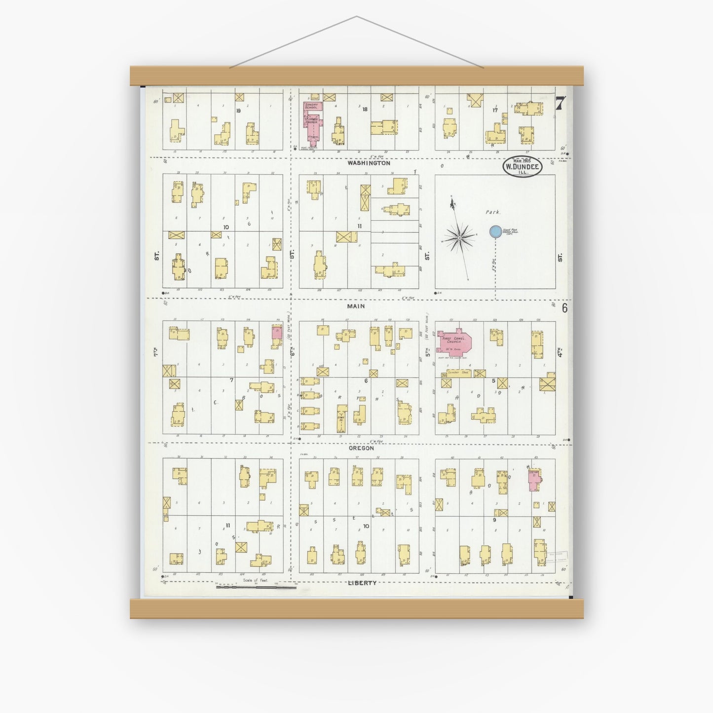 Old map wall art mockup — magnetic wood frame on white wall — Sanborn Fire Insurance Map from Dundee, Kane County, Illinois (1905), Sheet #0007
