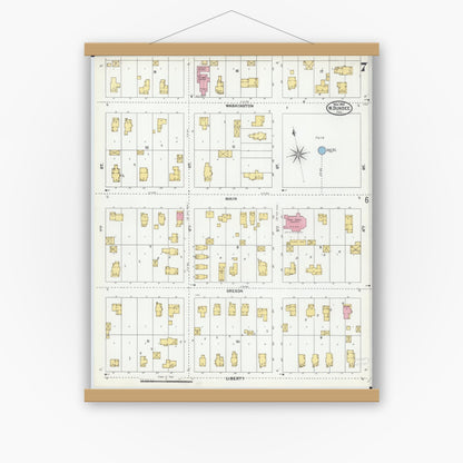Old map wall art mockup — magnetic wood frame on white wall — Sanborn Fire Insurance Map from Dundee, Kane County, Illinois (1905), Sheet #0007