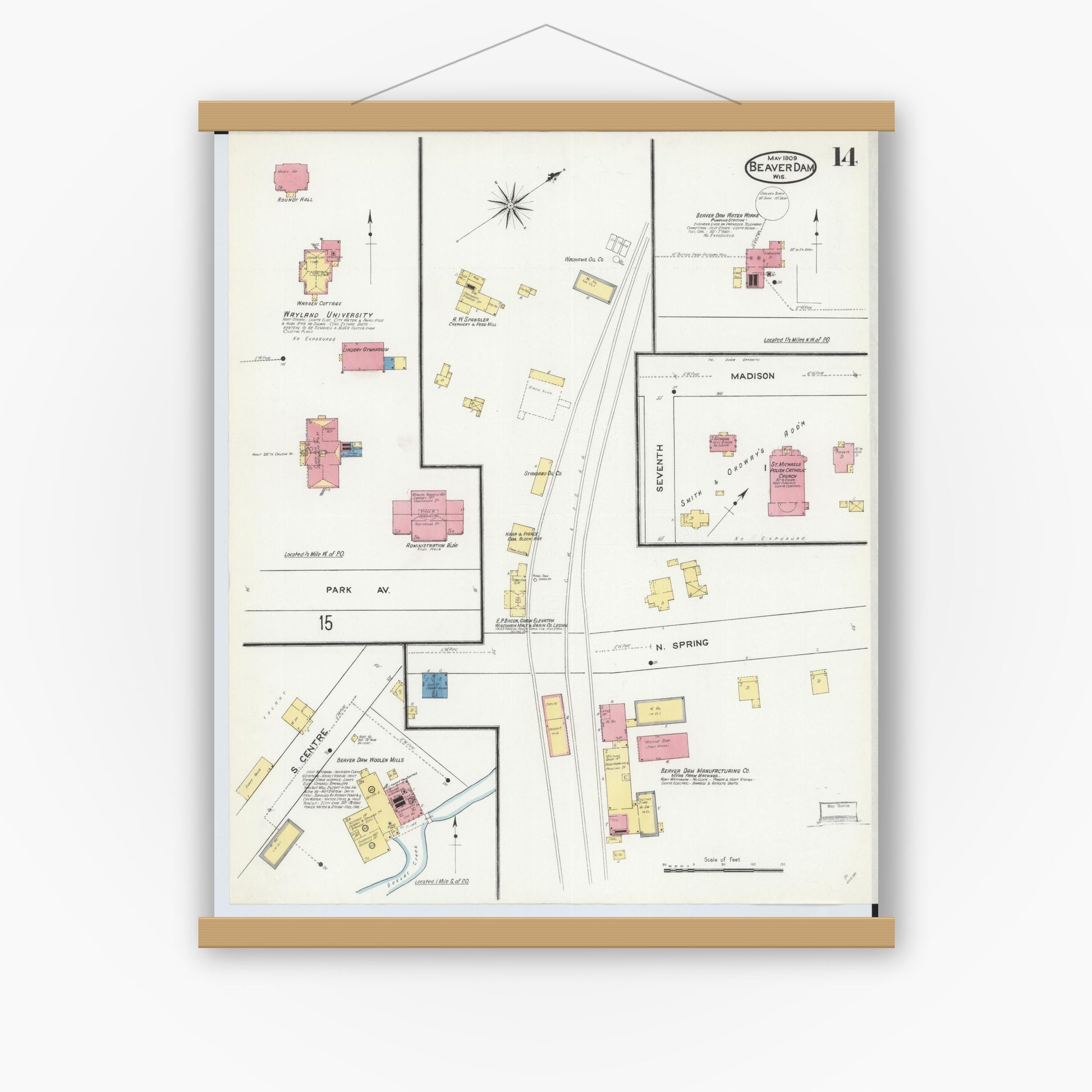 Old map wall art mockup — magnetic wood frame on white wall — Sanborn Fire Insurance Map from Beaver Dam, Dodge County, Wisconsin (1909), Sheet #0014