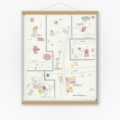 Old map wall art mockup — magnetic wood frame on white wall — Sanborn Fire Insurance Map from Beaver Dam, Dodge County, Wisconsin (1909), Sheet #0014