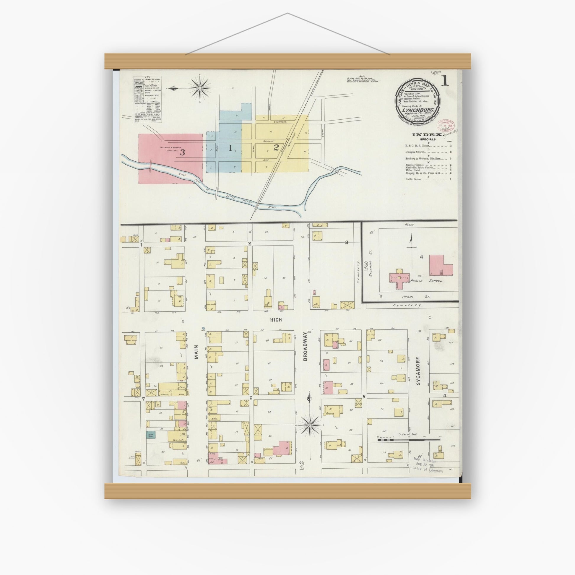 Old map wall art mockup — magnetic wood frame on white wall — Sanborn Fire Insurance Map from Lynchburg, Highland County, Ohio (1895) - Complete Map Set