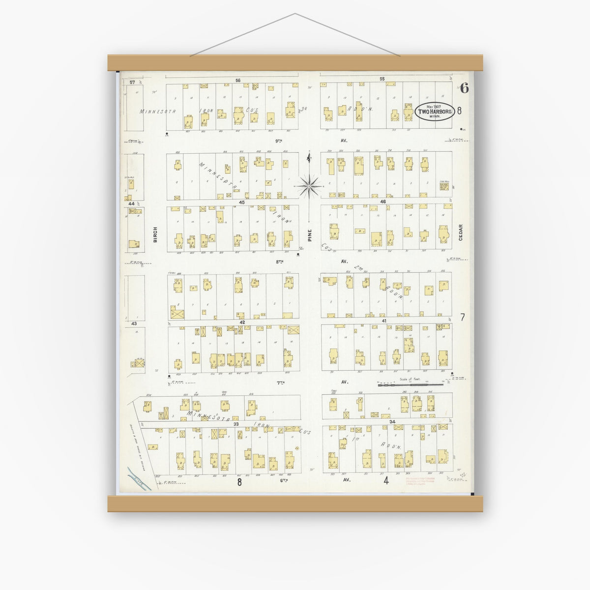 Old map wall art mockup — magnetic wood frame on white wall — Sanborn Fire Insurance Map from Two Harbors, Lake County, Minnesota (1907), Sheet #0006