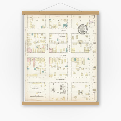 Old map wall art mockup — magnetic wood frame on white wall — Sanborn Fire Insurance Map from Algona, Kossuth County, Iowa (1885) â€” Complete Set