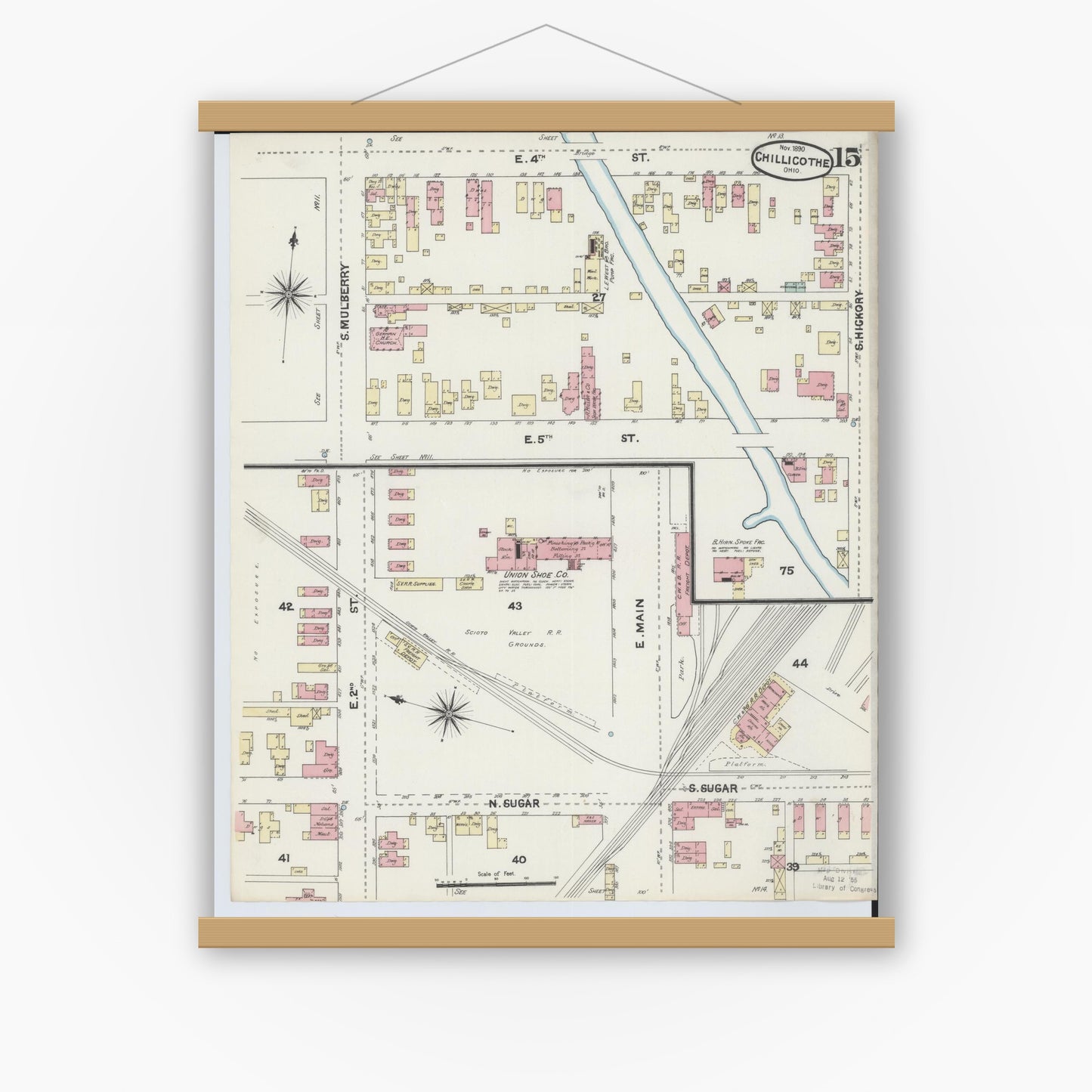 Old map wall art mockup — magnetic wood frame on white wall — Sanborn Fire Insurance Map from Chillicothe, Ross County, Ohio (1890), Sheet #0015