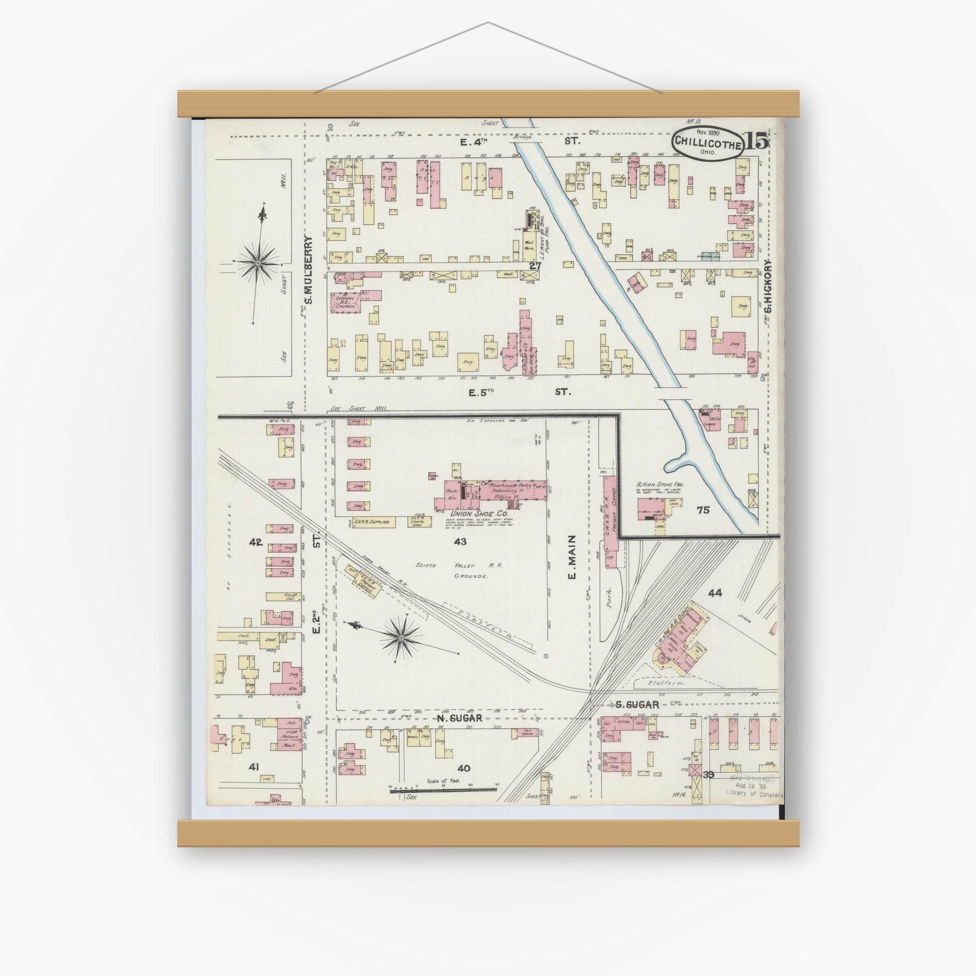 Old map wall art mockup — magnetic wood frame on white wall — Sanborn Fire Insurance Map from Chillicothe, Ross County, Ohio (1890), Sheet #0015