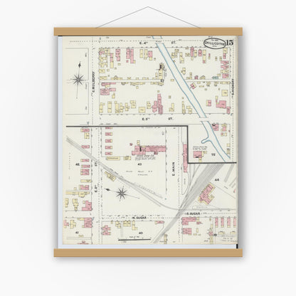 Old map wall art mockup — magnetic wood frame on white wall — Sanborn Fire Insurance Map from Chillicothe, Ross County, Ohio (1890), Sheet #0015