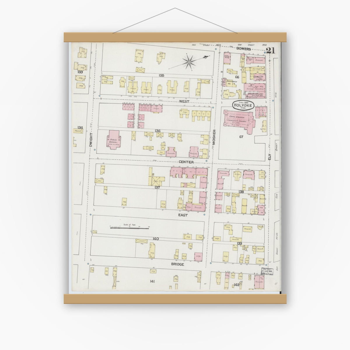 Old map wall art mockup — magnetic wood frame on white wall — Sanborn Fire Insurance Map from Holyoke, Hampden County, Massachusetts (1889), Sheet #0021