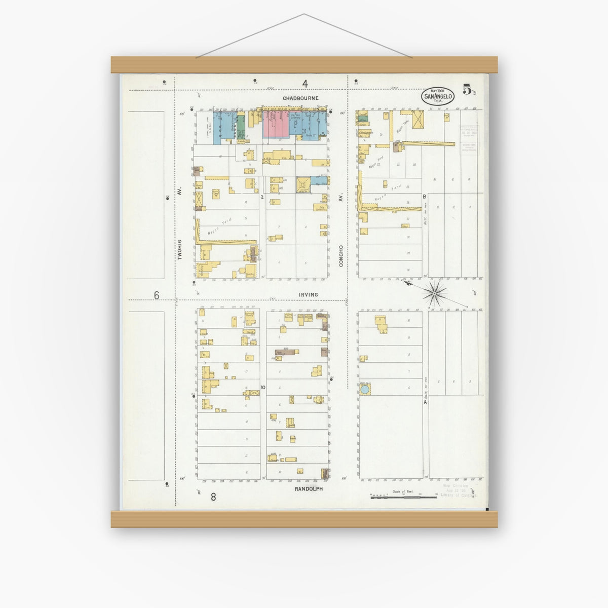 Old map wall art mockup — magnetic wood frame on white wall — Sanborn Fire Insurance Map from San Angelo, Tom Green County, Texas (1900), Sheet #0005