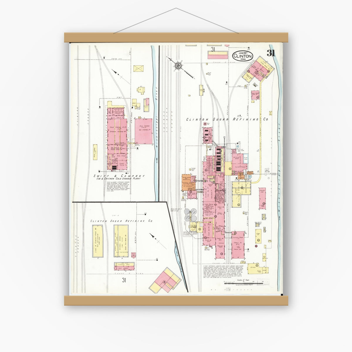 Old map wall art mockup — magnetic wood frame on white wall — Sanborn Fire Insurance Map from Clinton, Clinton County, Iowa (1917), Sheet #0031