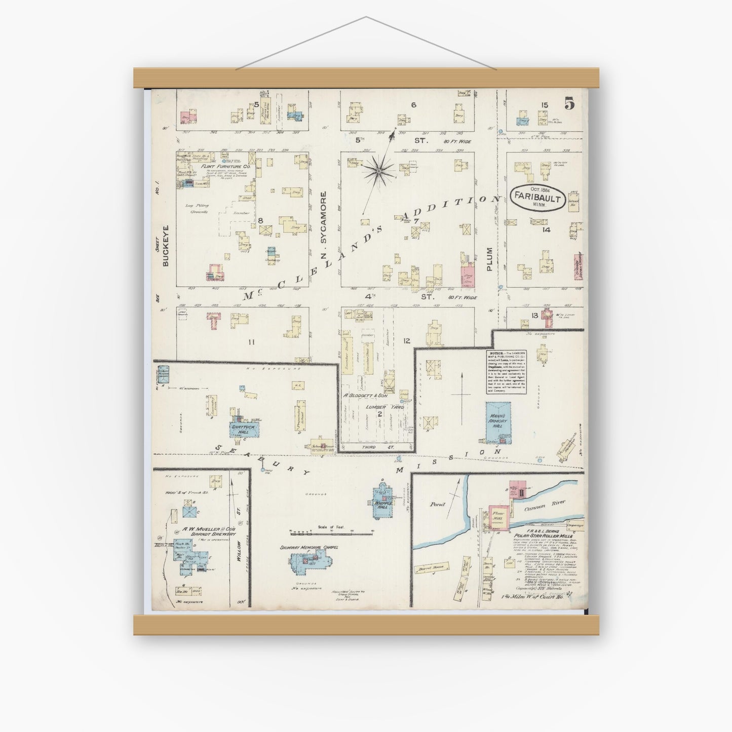 Old map wall art mockup — magnetic wood frame on white wall — Sanborn Fire Insurance Map from Faribault, Rice County, Minnesota (1884), Sheet #0005