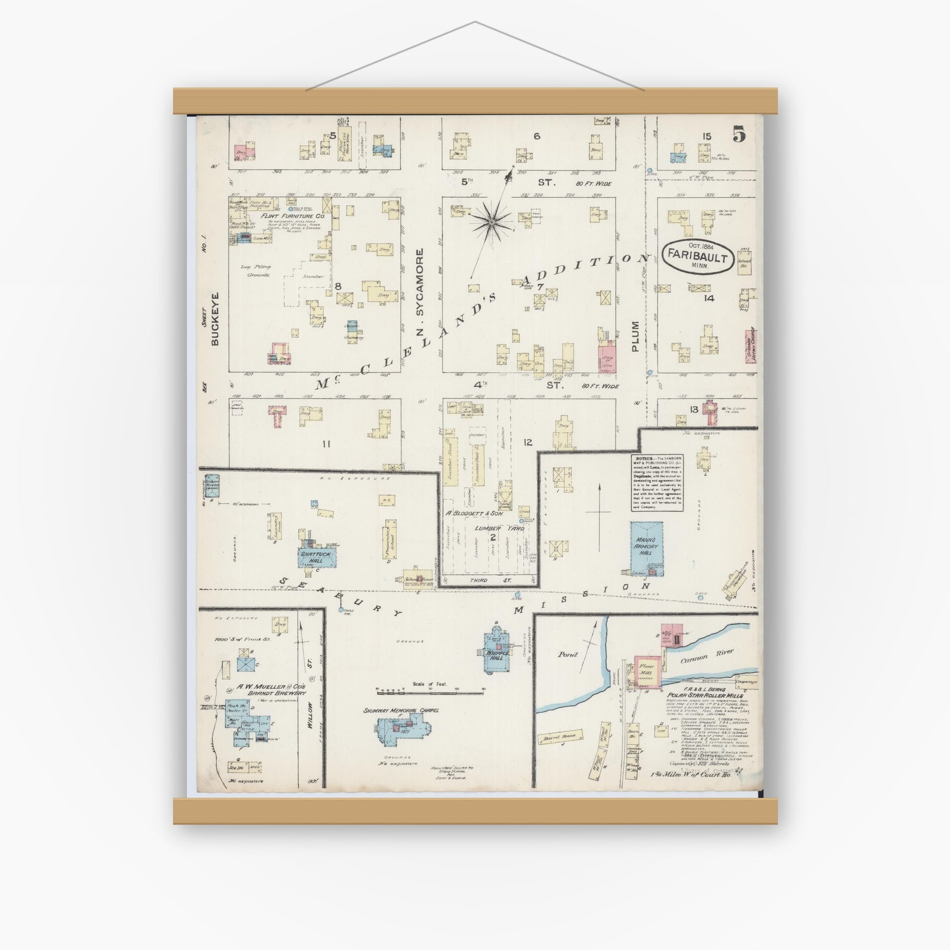 Old map wall art mockup — magnetic wood frame on white wall — Sanborn Fire Insurance Map from Faribault, Rice County, Minnesota (1884), Sheet #0005