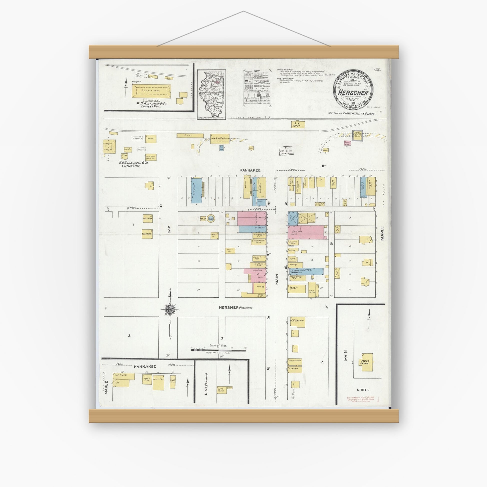 Old map wall art mockup — magnetic wood frame on white wall — Sanborn Fire Insurance Map from Herscher, Kankakee County, Illinois (1919), Sheet #0001