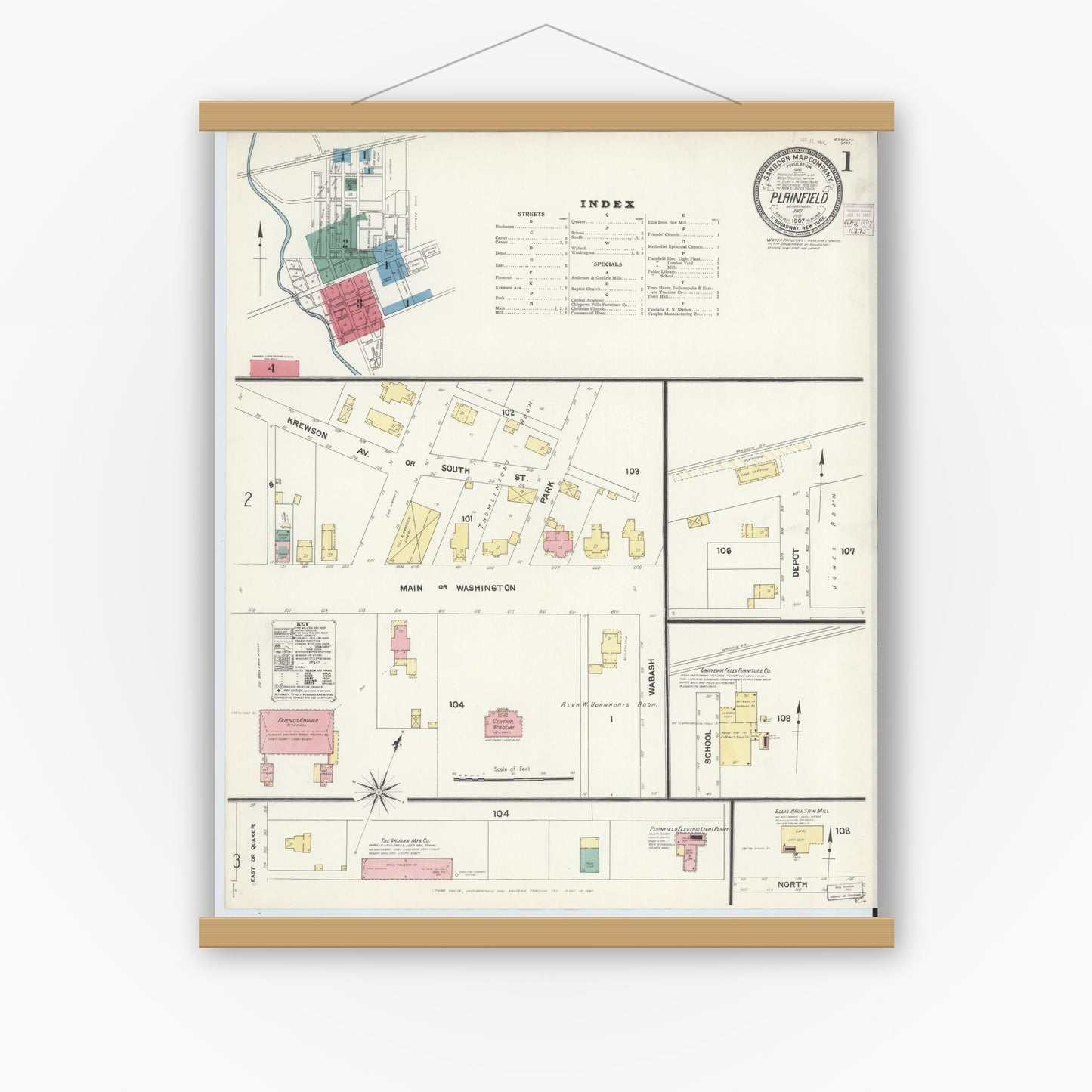 Old map wall art mockup — magnetic wood frame on white wall — Sanborn Fire Insurance Map from Plainfield, Hendricks County, Indiana (1907), Sheet #0001