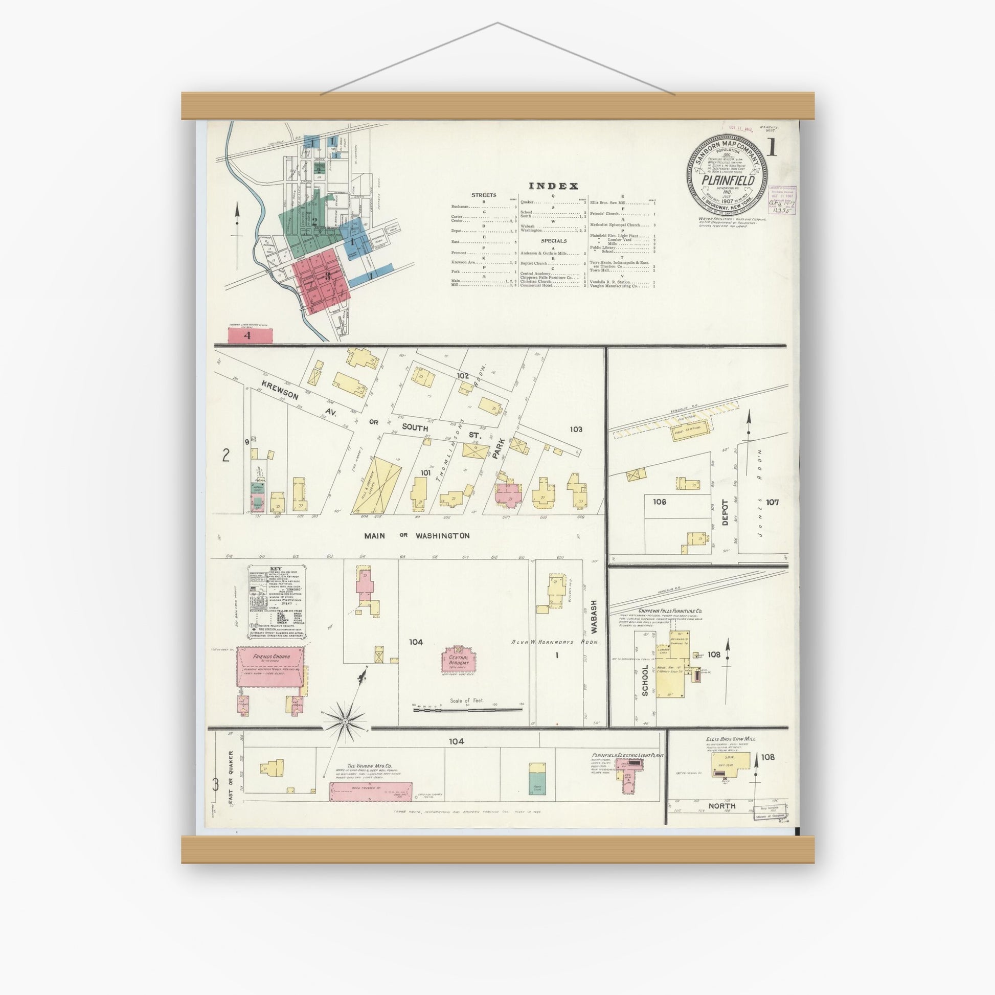 Old map wall art mockup — magnetic wood frame on white wall — Sanborn Fire Insurance Map from Plainfield, Hendricks County, Indiana (1907), Sheet #0001
