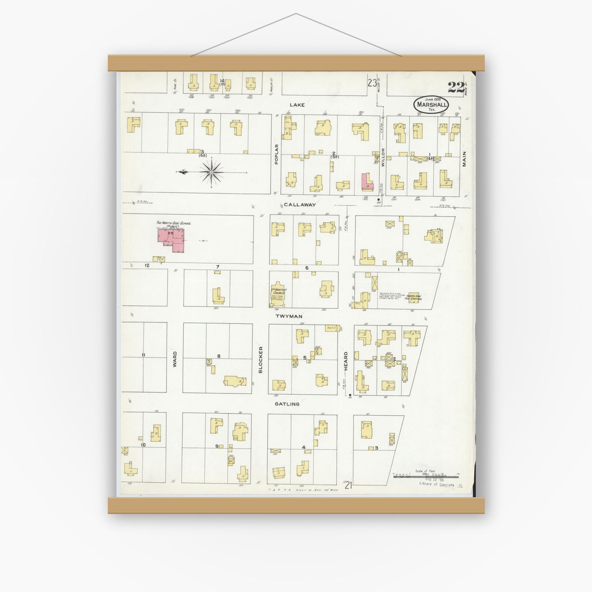 Old map wall art mockup — magnetic wood frame on white wall — Sanborn Fire Insurance Map from Marshall, Harrison County, Texas (1909), Sheet #0022