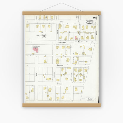 Old map wall art mockup — magnetic wood frame on white wall — Sanborn Fire Insurance Map from Marshall, Harrison County, Texas (1909), Sheet #0022