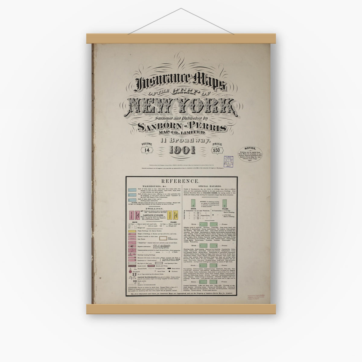 Old map wall art mockup — magnetic wood frame on white wall — Sanborn Fire Insurance Map from New York, Bronx, Manhattan, New York (1901), Sheet #0001