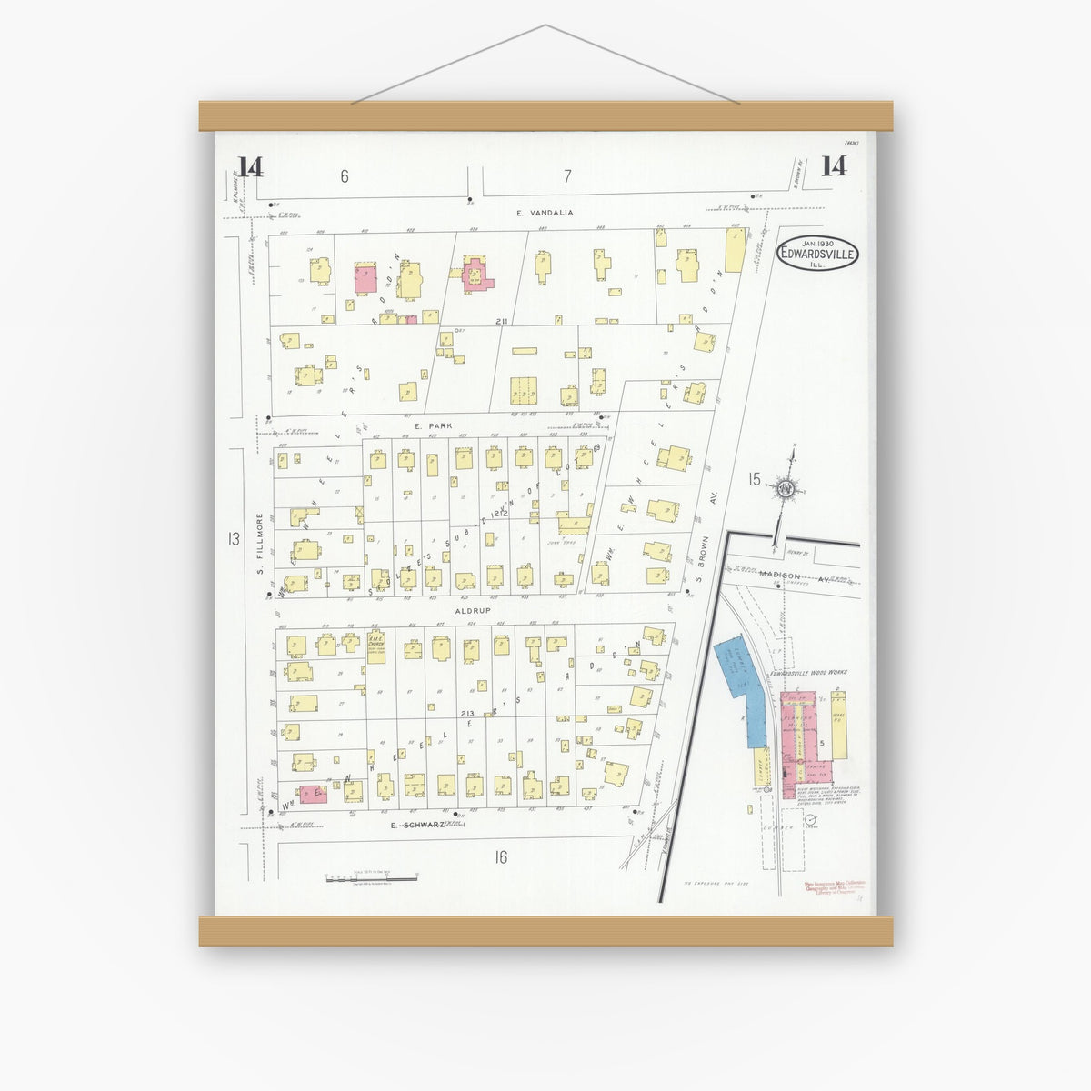 Old map wall art mockup — magnetic wood frame on white wall — Sanborn Fire Insurance Map from Edwardsville, Madison County, Illinois (1930), Sheet #0014