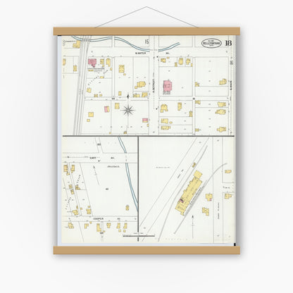 Old map wall art mockup — magnetic wood frame on white wall — Sanborn Fire Insurance Map from Bellefontaine, Logan County, Ohio (1901), Sheet #0018