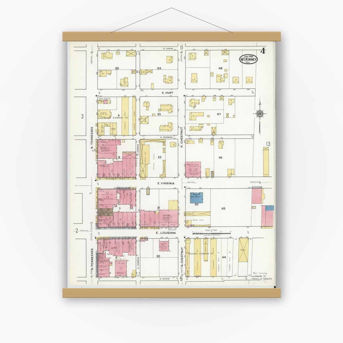 Old map wall art mockup — magnetic wood frame on white wall — Sanborn Fire Insurance Map from McKinney, Collin County, Texas (1920), Sheet #0004