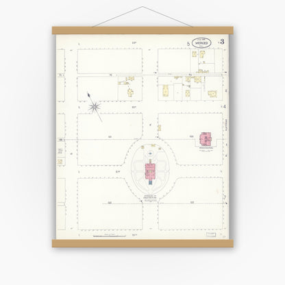 Old map wall art mockup — magnetic wood frame on white wall — Sanborn Fire Insurance Map from Merced, Merced County, California (1898), Sheet #0003
