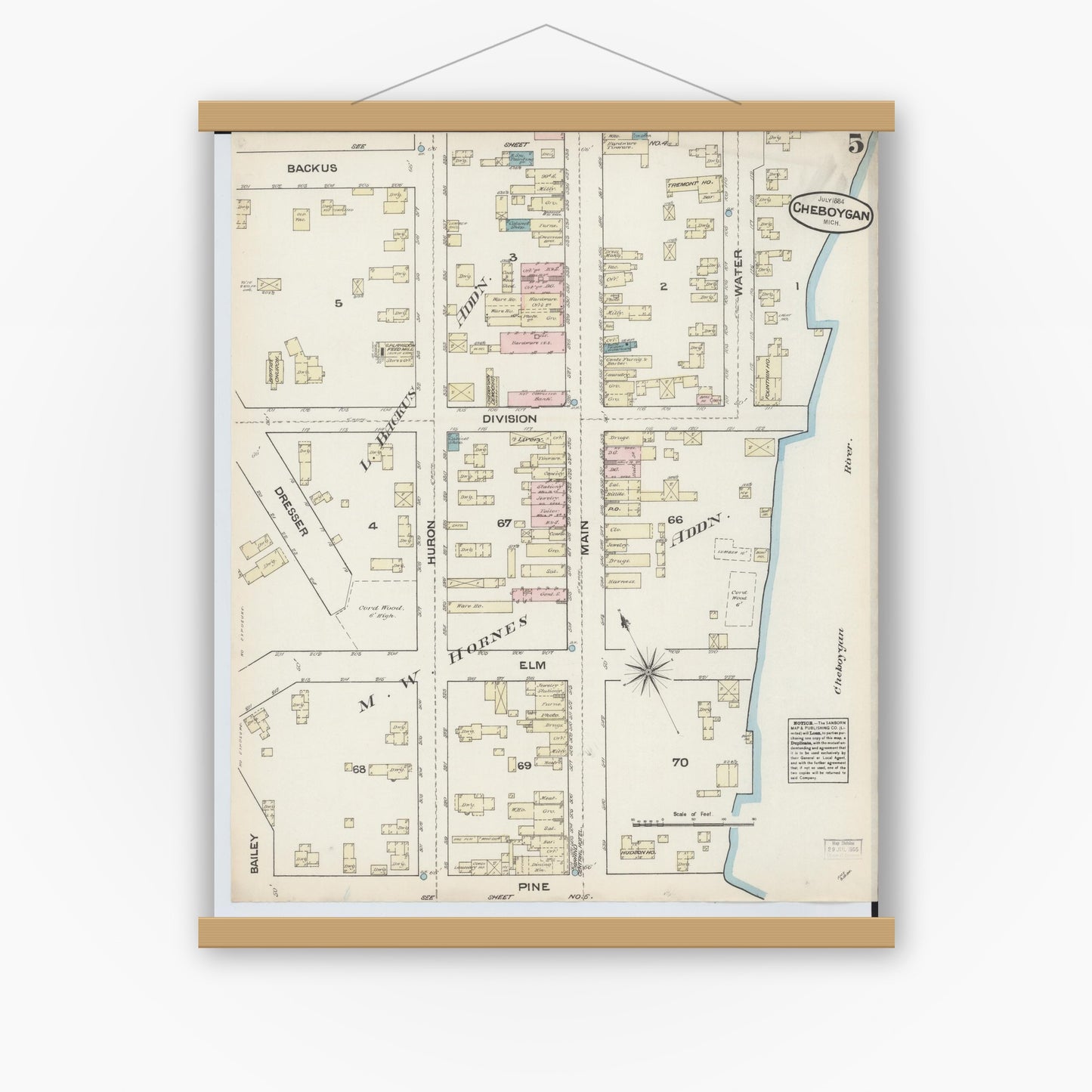 Old map wall art mockup — magnetic wood frame on white wall — Sanborn Fire Insurance Map from Cheboygan, Cheboygan County, Michigan (1884), Sheet #0005