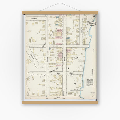 Old map wall art mockup — magnetic wood frame on white wall — Sanborn Fire Insurance Map from Cheboygan, Cheboygan County, Michigan (1884), Sheet #0005