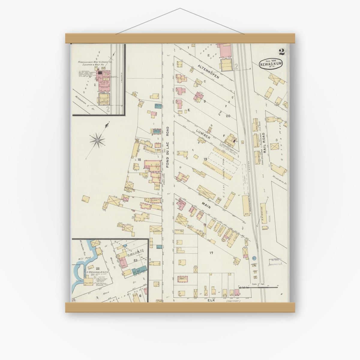 Old map wall art mockup — magnetic wood frame on white wall — Sanborn Fire Insurance Map from Kewaskum, Washington County, Wisconsin (1894), Sheet #0002