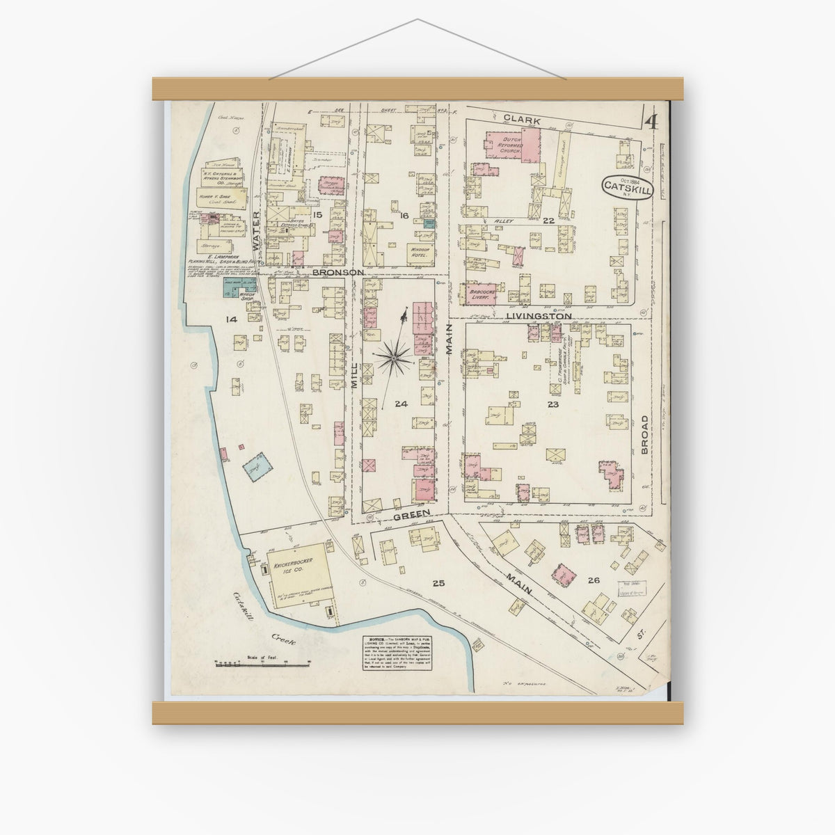 Old map wall art mockup — magnetic wood frame on white wall — Sanborn Fire Insurance Map from Catskill, Greene County, New York (1884), Sheet #0004