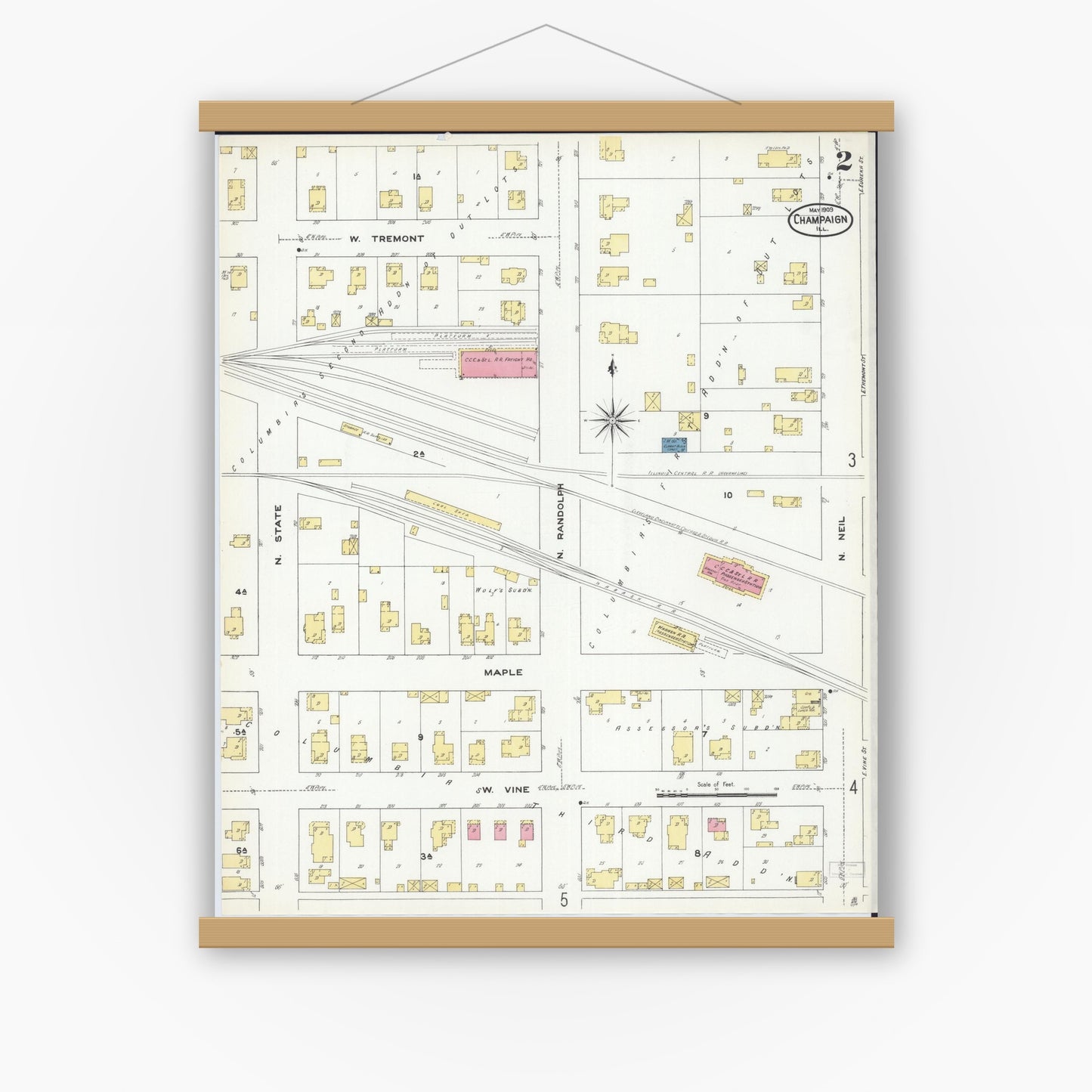 Old map wall art mockup — magnetic wood frame on white wall — Sanborn Fire Insurance Map from Champaign, Champaign County, Illinois (1909), Sheet #0002