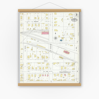 Old map wall art mockup — magnetic wood frame on white wall — Sanborn Fire Insurance Map from Champaign, Champaign County, Illinois (1909), Sheet #0002