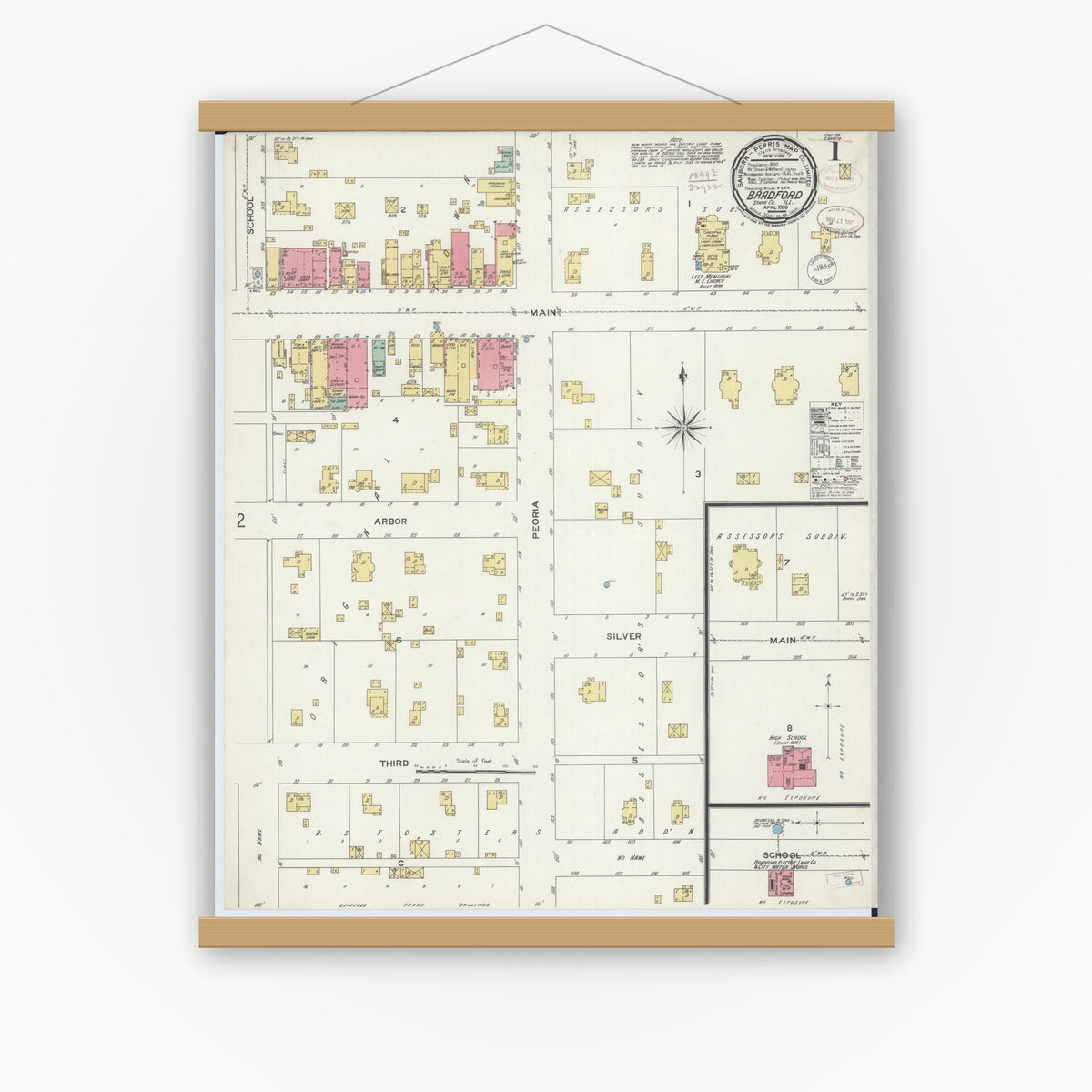 Old map wall art mockup — magnetic wood frame on white wall — Sanborn Fire Insurance Map from Bradford, Stark County, Illinois (1899) - Complete Map Set