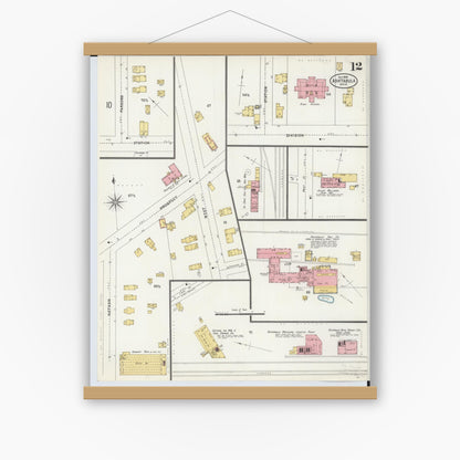 Old map wall art mockup — magnetic wood frame on white wall — Sanborn Fire Insurance Map from Ashtabula, Ashtabula County, Ohio (1898), Sheet #0012