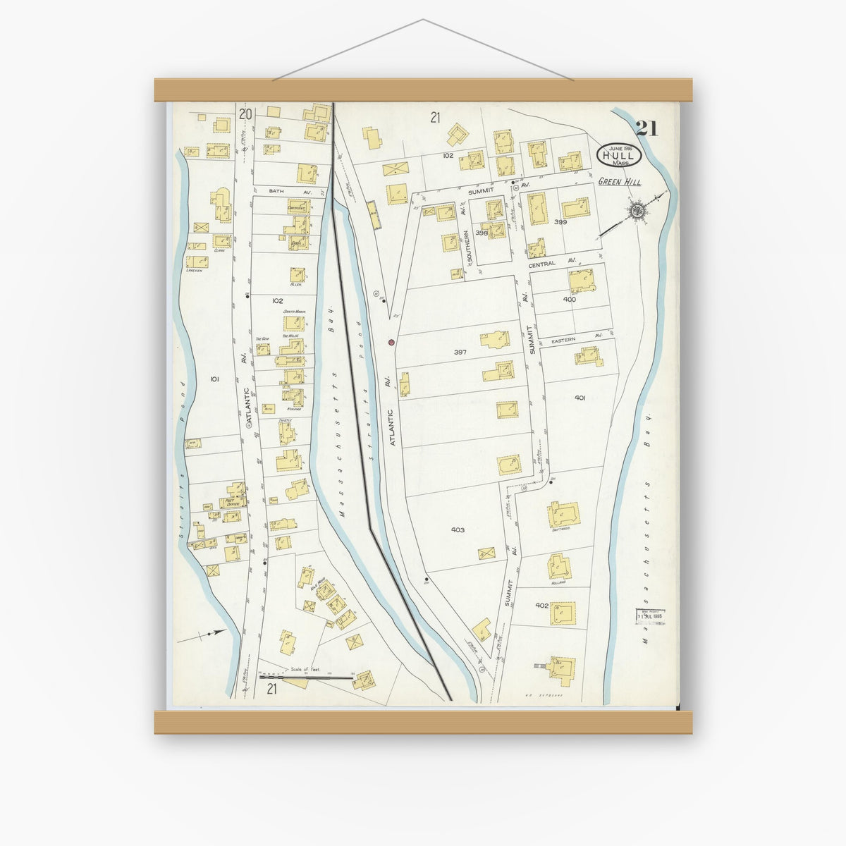 Old map wall art mockup — magnetic wood frame on white wall — Sanborn Fire Insurance Map from Hull, Plymouth County, Massachusetts (1916), Sheet #0021