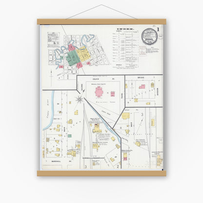 Old map wall art mockup — magnetic wood frame on white wall — Sanborn Fire Insurance Map from Warren, Marshall County, Minnesota (1899), Sheet #0001