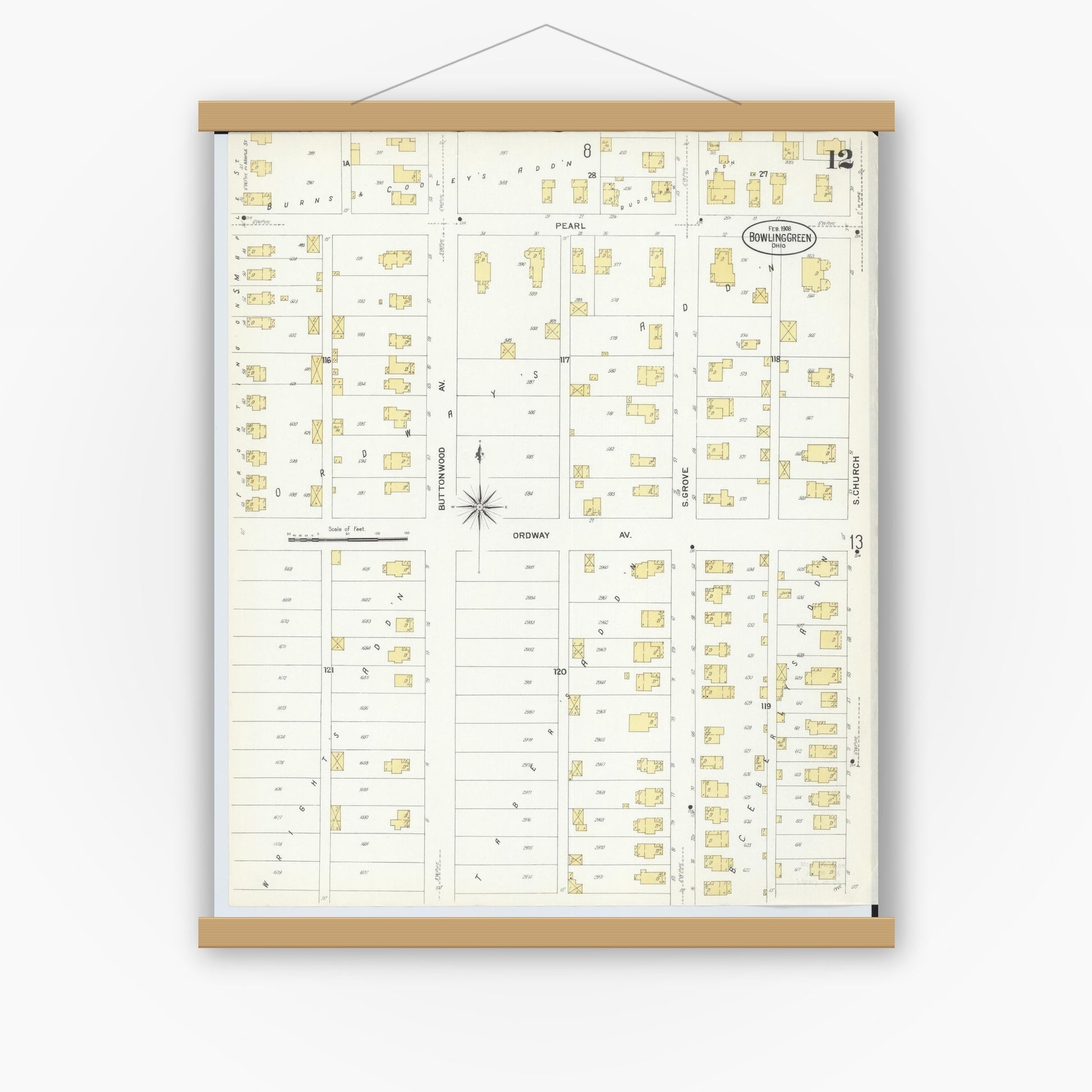 Old map wall art mockup — magnetic wood frame on white wall — Sanborn Fire Insurance Map from Bowling Green, Wood County, Ohio (1908), Sheet #0012