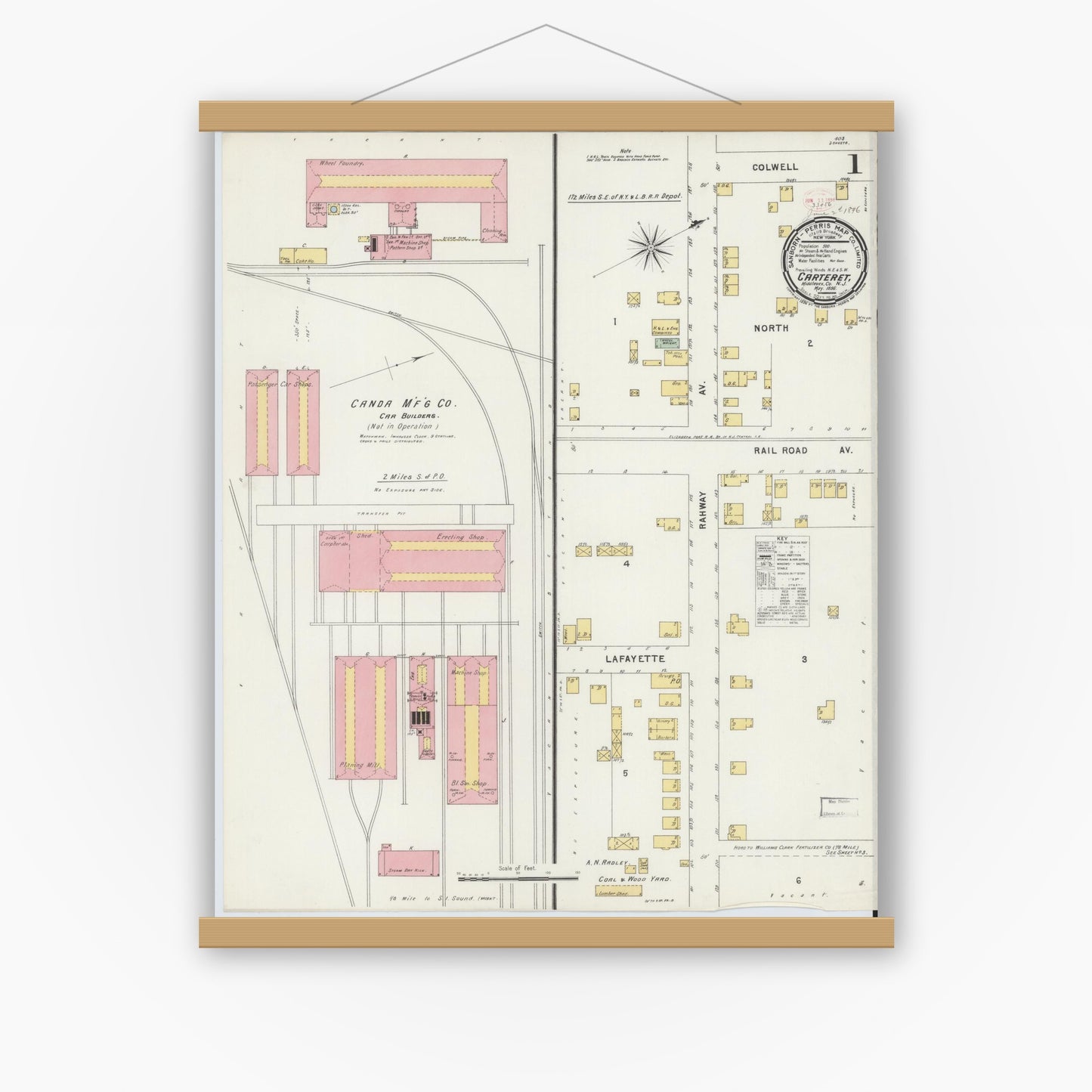 Old map wall art mockup — magnetic wood frame on white wall — Sanborn Fire Insurance Map from Carteret, Middlesex County, New Jersey (1896) - Complete Map Set