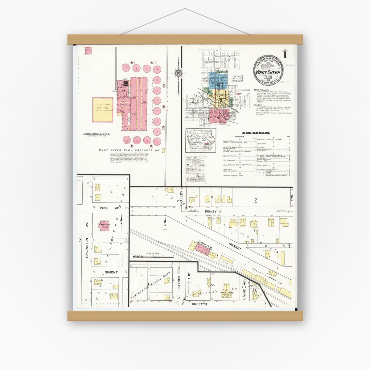 Old map wall art mockup — magnetic wood frame on white wall — Sanborn Fire Insurance Map from What Cheer, Keokuk County, Iowa (1916), Sheet #0001