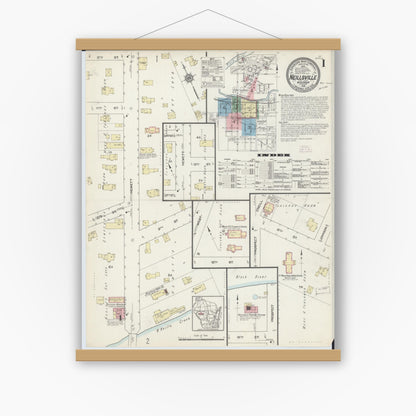 Old map wall art mockup — magnetic wood frame on white wall — Sanborn Fire Insurance Map from Neillsville, Clark County, Wisconsin (1914), Sheet #0001