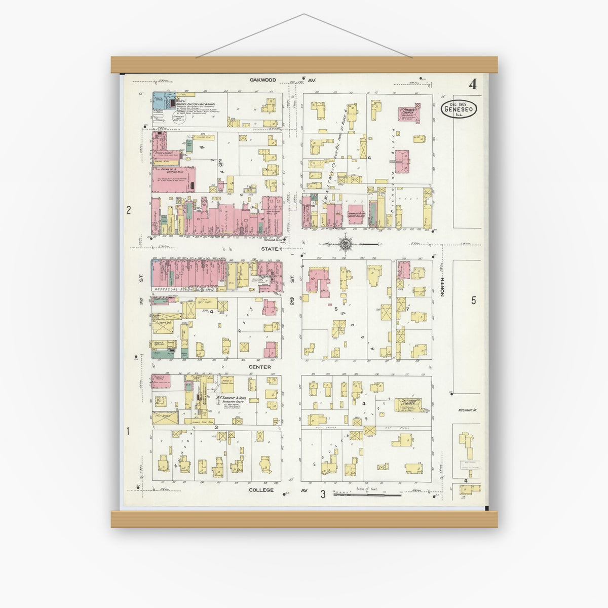 Old map wall art mockup — magnetic wood frame on white wall — Sanborn Fire Insurance Map from Geneseo, Henry County, Illinois (1909), Sheet #0004