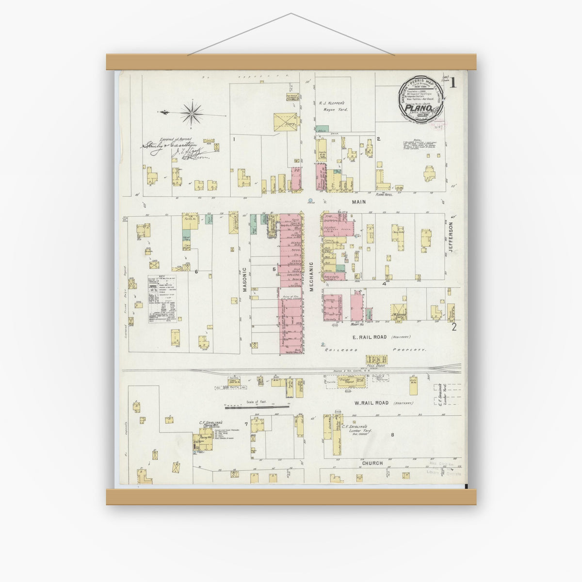 Old map wall art mockup — magnetic wood frame on white wall — Sanborn Fire Insurance Map from Plano, Collin County, Texas (1896) - Complete Map Set