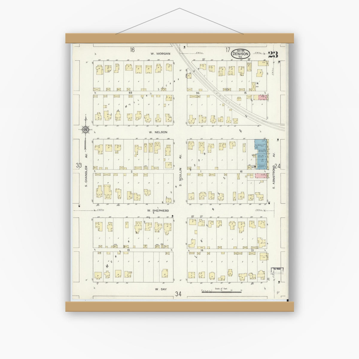 Old map wall art mockup — magnetic wood frame on white wall — Sanborn Fire Insurance Map from Denison, Grayson County, Texas (1914), Sheet #0023