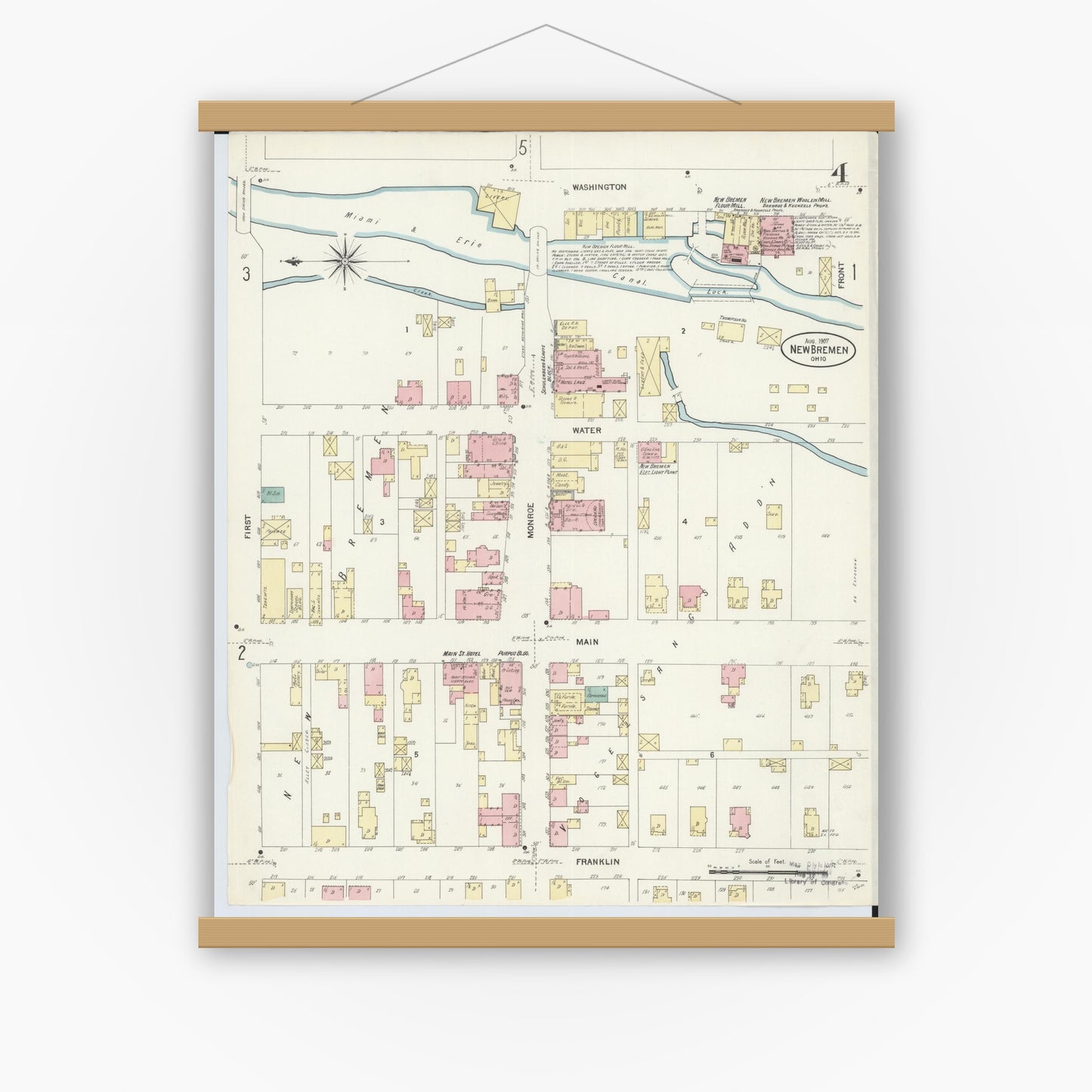 Old map wall art mockup — magnetic wood frame on white wall — Sanborn Fire Insurance Map from New Bremen, Auglaize County, Ohio (1907), Sheet #0004