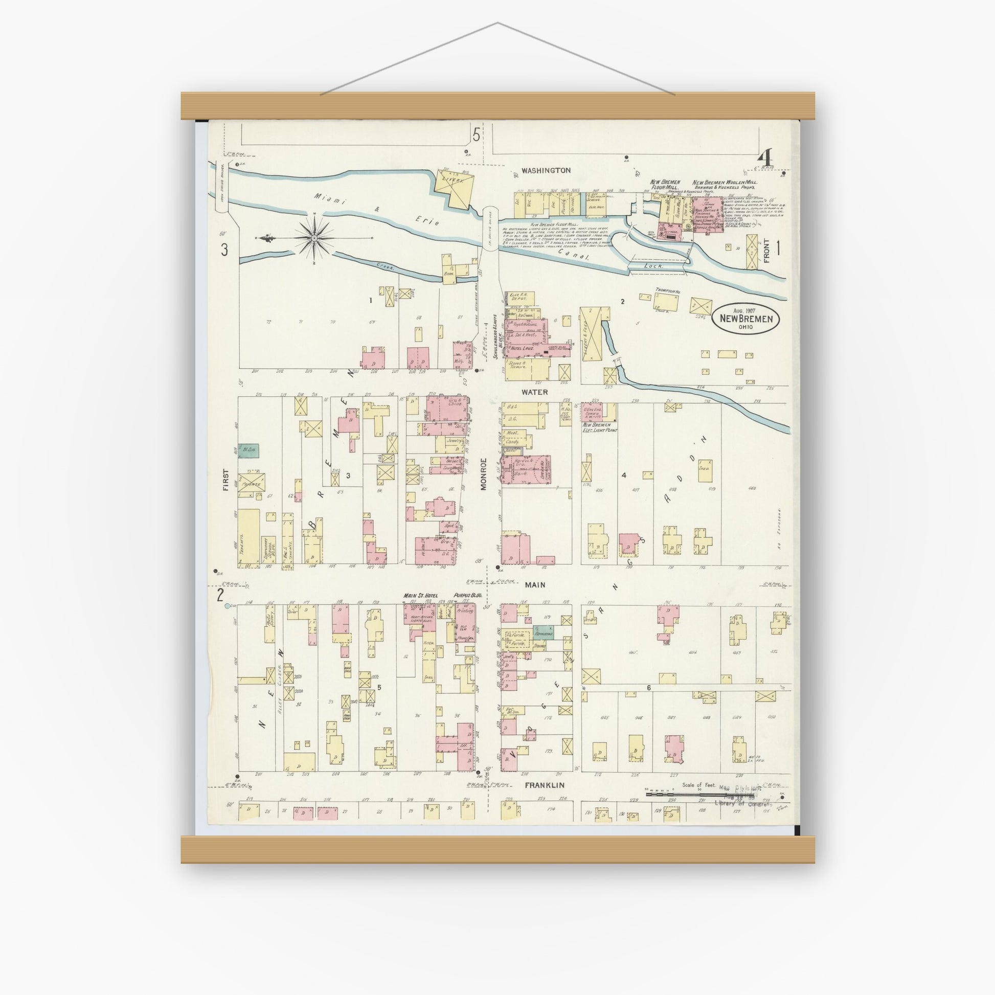 Old map wall art mockup — magnetic wood frame on white wall — Sanborn Fire Insurance Map from New Bremen, Auglaize County, Ohio (1907), Sheet #0004